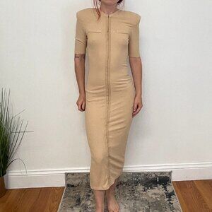 Avec Les Filles Hook & Eye Ribbed Bodycon Dress Short Sleeve Size S Tan